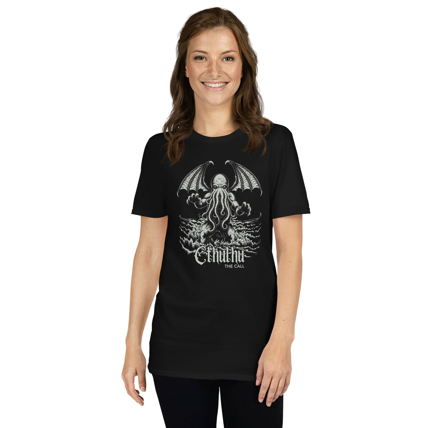 Person wearing a black t-shirt with cthulhu on a white background
