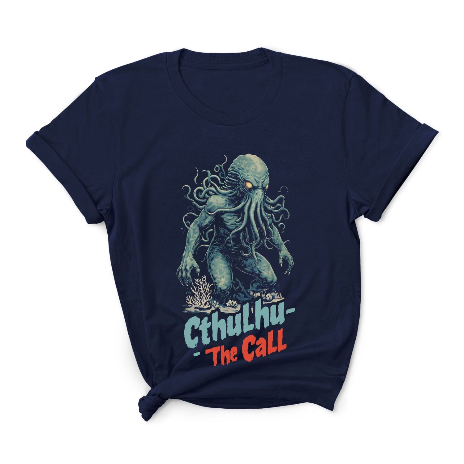 Navy blue t-shirt with Cthulhu graphic and 'The Call' text on a white background