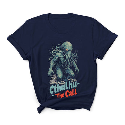 Navy blue t-shirt with Cthulhu graphic and 'The Call' text on a white background
