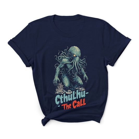 Navy blue t-shirt with Cthulhu graphic and 'The Call' text on a white background