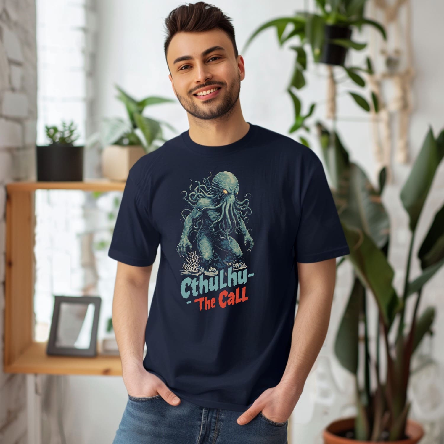 Man wearing a navy blue t-shirt with a graphic design of cthulhu