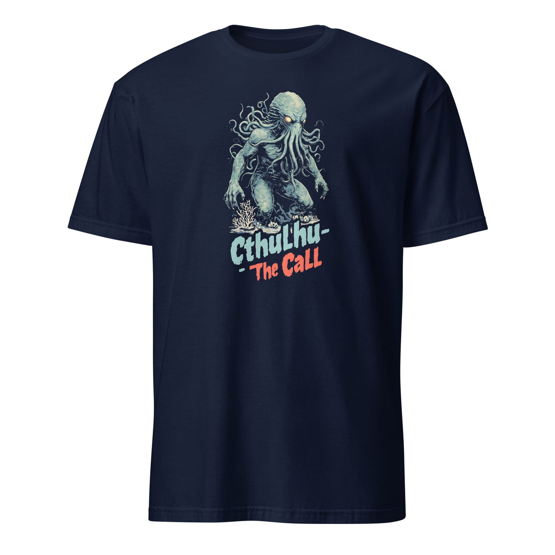 Navy blue t-shirt with Cthulhu graphic and text on a white background