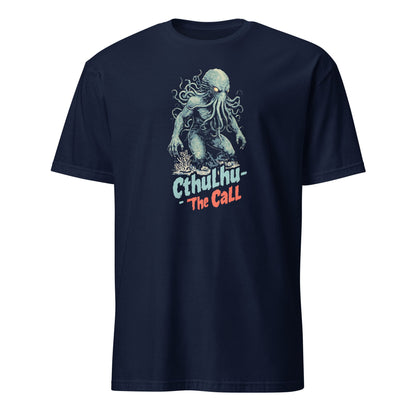Navy blue t-shirt with Cthulhu graphic and text on a white background