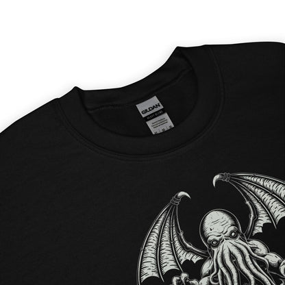 Black t-shirt with a detailed illustration of cthulhu on a white background