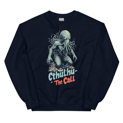 Navy sweatshirt with Cthulhu graphic and 'The Call' text on a white background