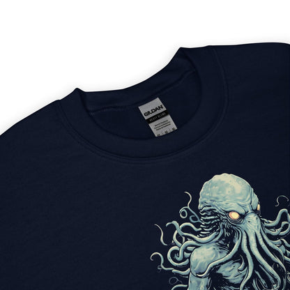 Navy blue sweatshirt with Cthulhu graphic design on a white background
