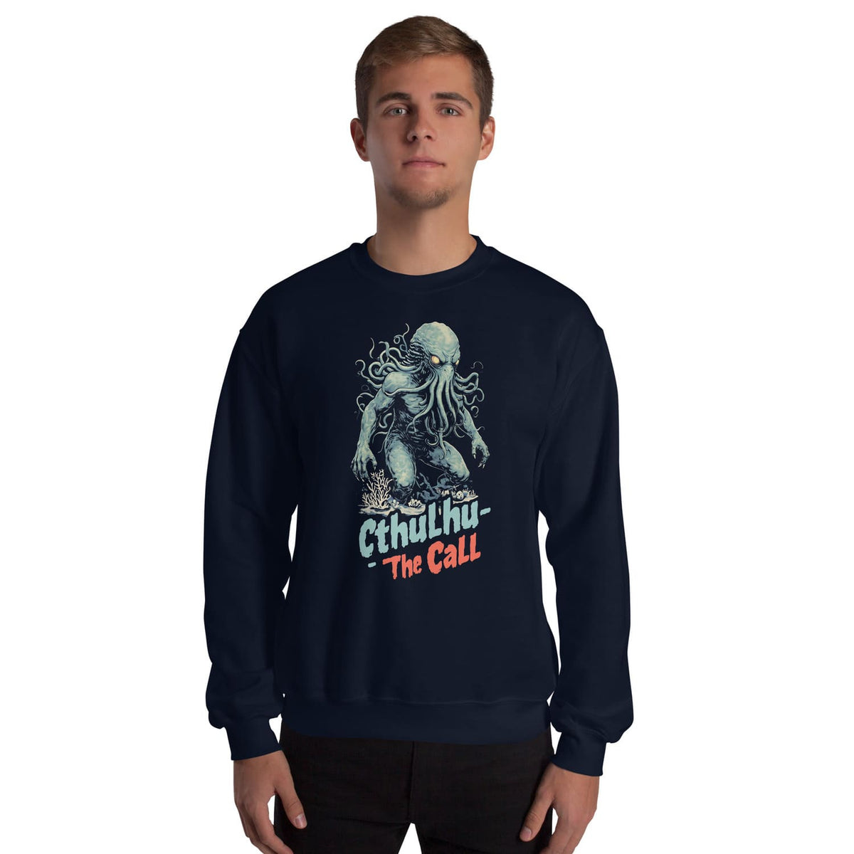 Person wearing a navy blue sweatshirt with Cthulhu graphic and text on a white background