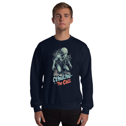 Person wearing a navy blue sweatshirt with Cthulhu graphic and text on a white background