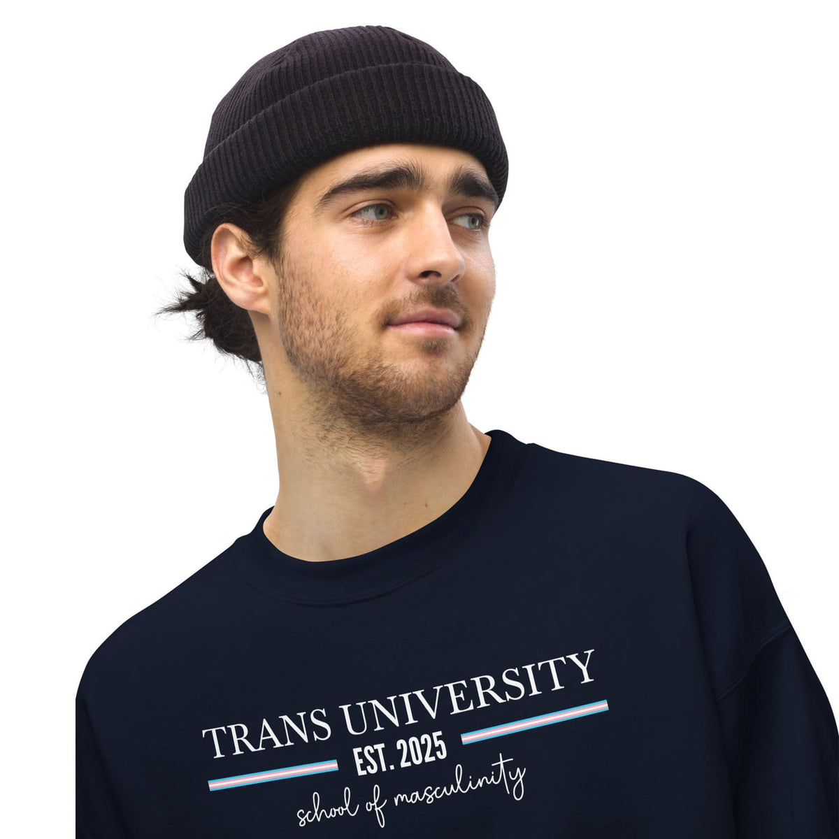 Person wearing a black beanie and black transgender ftm sweatshirt on a white background