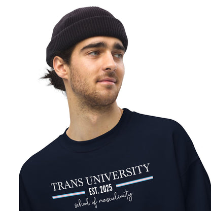 Person wearing a black beanie and black transgender ftm sweatshirt on a white background