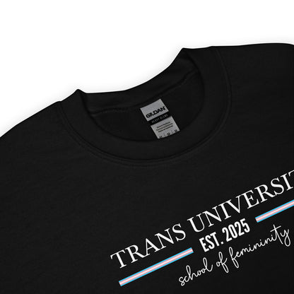 Black transgender mtf sweatshirt with 'Trans University Est. 2025 School of Femininity' text on a white background