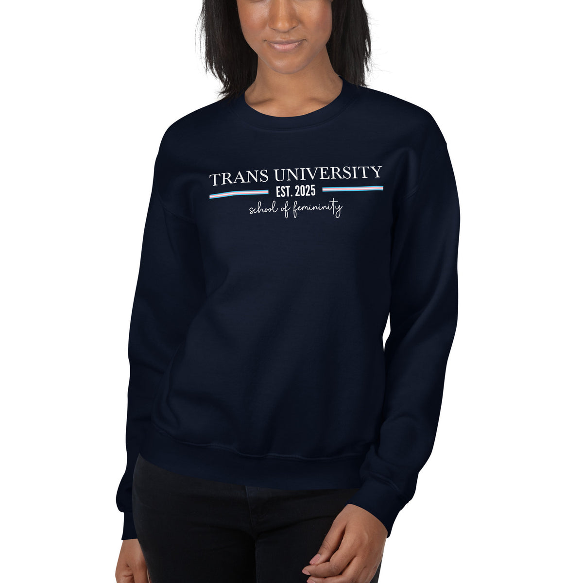 Navy transgender mtf sweatshirt with 'Trans University Est. 2025 School of Femininity' text on a white background
