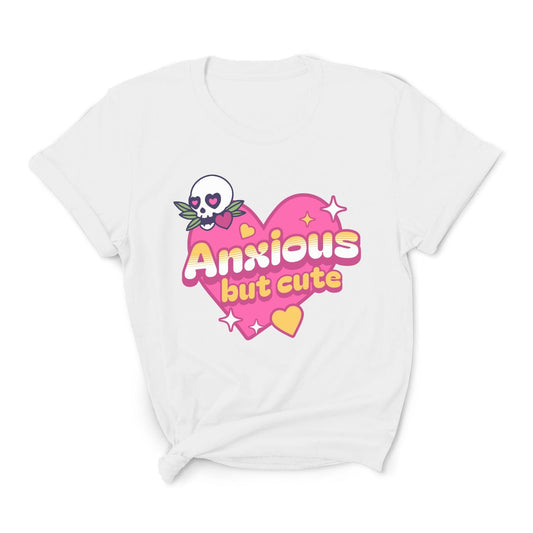 White t-shirt with a pink heart design and text 'Anxious but cute' on a white background: Cute Anxiety Shirt, Pastel Goth Mental Health Tee, Kawaii Gothic Aesthetic, Neurodivergent E-Girl T-Shirt, Emo Autism Gift For Neurospicy