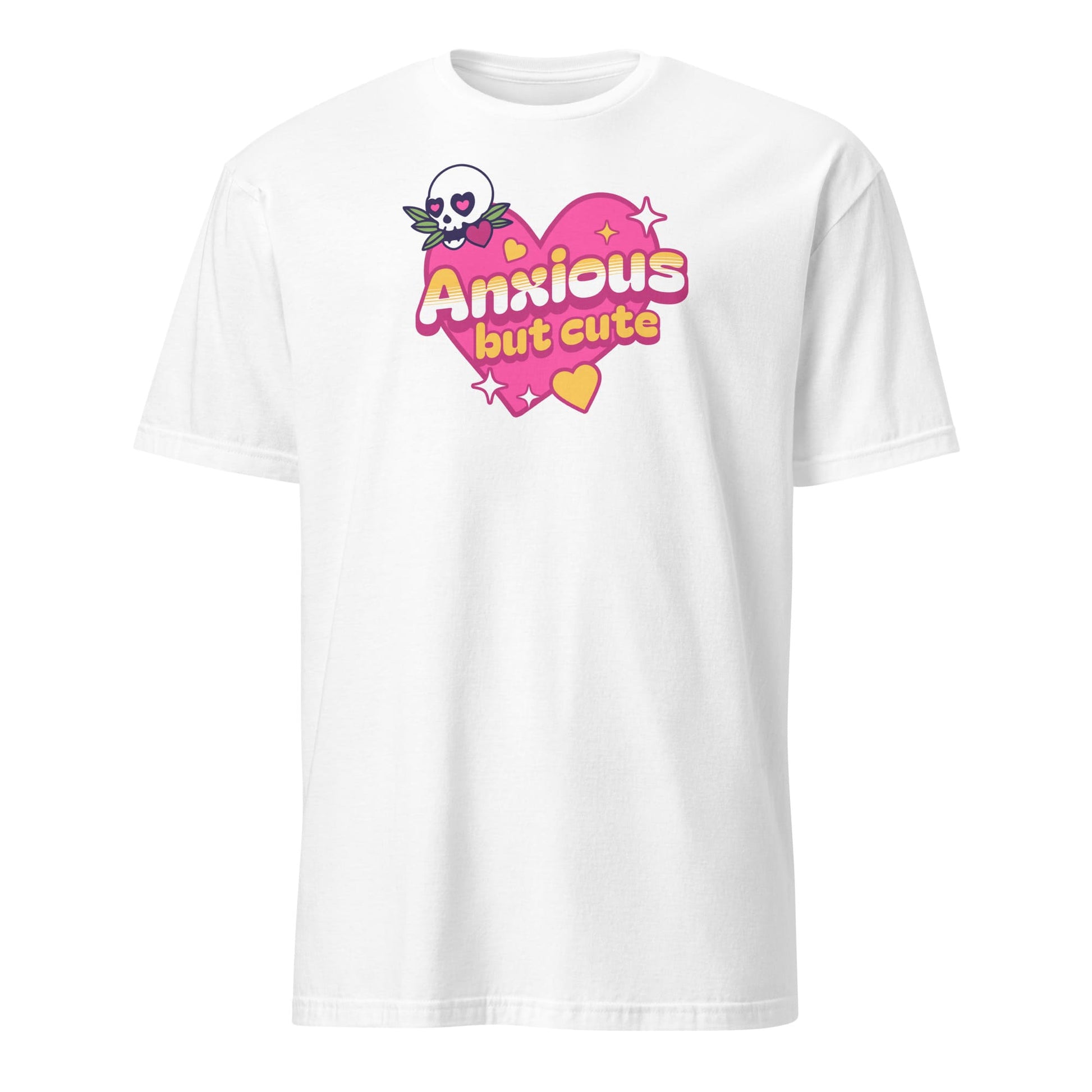 White t-shirt with 'Anxious but cute' graphic design on a white background: Cute Anxiety Shirt, Pastel Goth Mental Health Tee, Kawaii Gothic Aesthetic, Neurodivergent E-Girl T-Shirt, Emo Autism Gift For Neurospicy