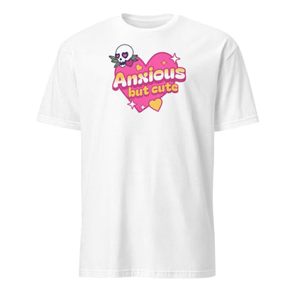 White t-shirt with 'Anxious but cute' graphic design on a white background: Cute Anxiety Shirt, Pastel Goth Mental Health Tee, Kawaii Gothic Aesthetic, Neurodivergent E-Girl T-Shirt, Emo Autism Gift For Neurospicy