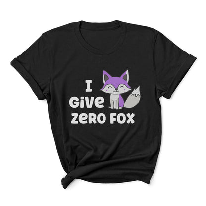Black asexual t-shirt with a fox graphic and funny 'I Give Zero Fox' on a white background