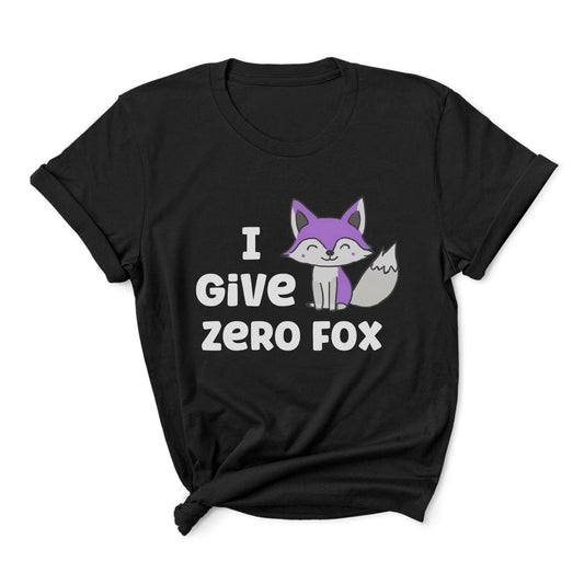 Black asexual t-shirt with a fox graphic and funny 'I Give Zero Fox' on a white background