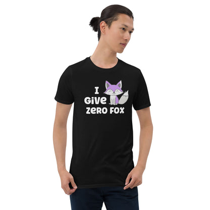 Asexual person wearing a funny black t-shirt with 'I Give Zero Fox' graphic design.