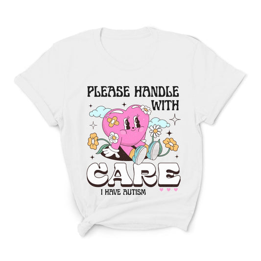 White t-shirt with a pink character and text on a white background: Cute Autism Shirt, Retro Neurospicy Tee For Autistic, Neurodivergent T-Shirt, AuDHD Awareness, Mental Health Top Visibility Gift For Warrior
