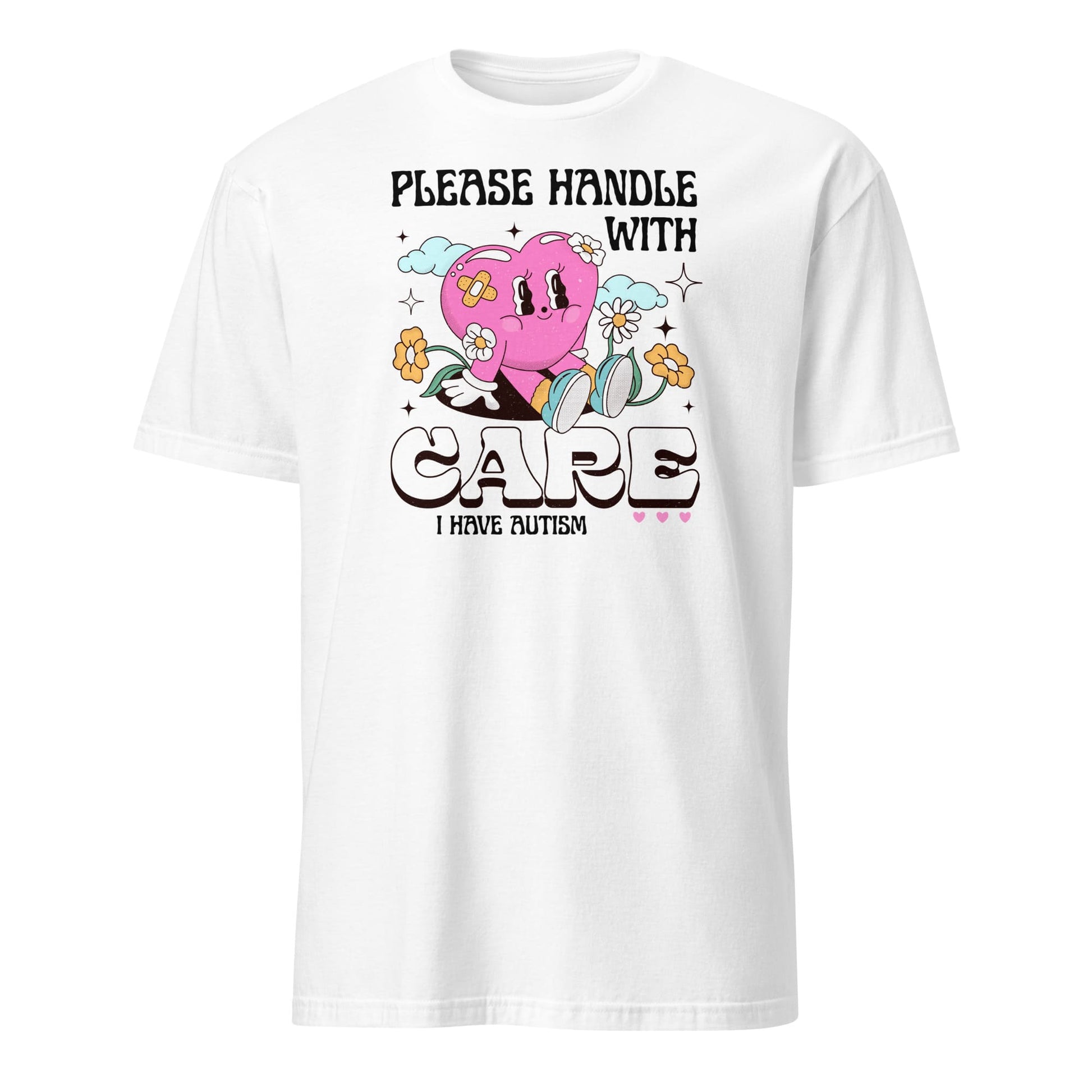 White t-shirt with a cartoon character and text on a white background: Cute Autism Shirt, Retro Neurospicy Tee For Autistic, Neurodivergent T-Shirt, AuDHD Awareness, Mental Health Top Visibility Gift For Warrior