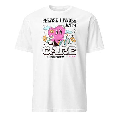 White t-shirt with a cartoon character and text on a white background: Cute Autism Shirt, Retro Neurospicy Tee For Autistic, Neurodivergent T-Shirt, AuDHD Awareness, Mental Health Top Visibility Gift For Warrior