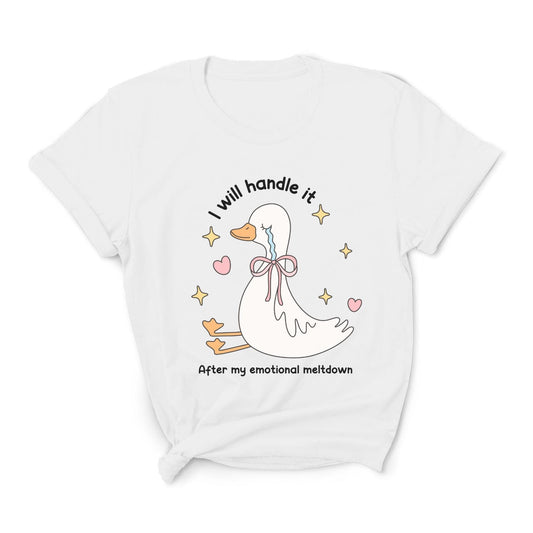 White t-shirt with a cartoon duck and text on a white background: Cute Mental Health Shirt, Funny Anxiety Tee, Sad Goose With Emotional Meltdown T-Shirt, Depression Or Neurospicy Gift, Autistic Breakdown