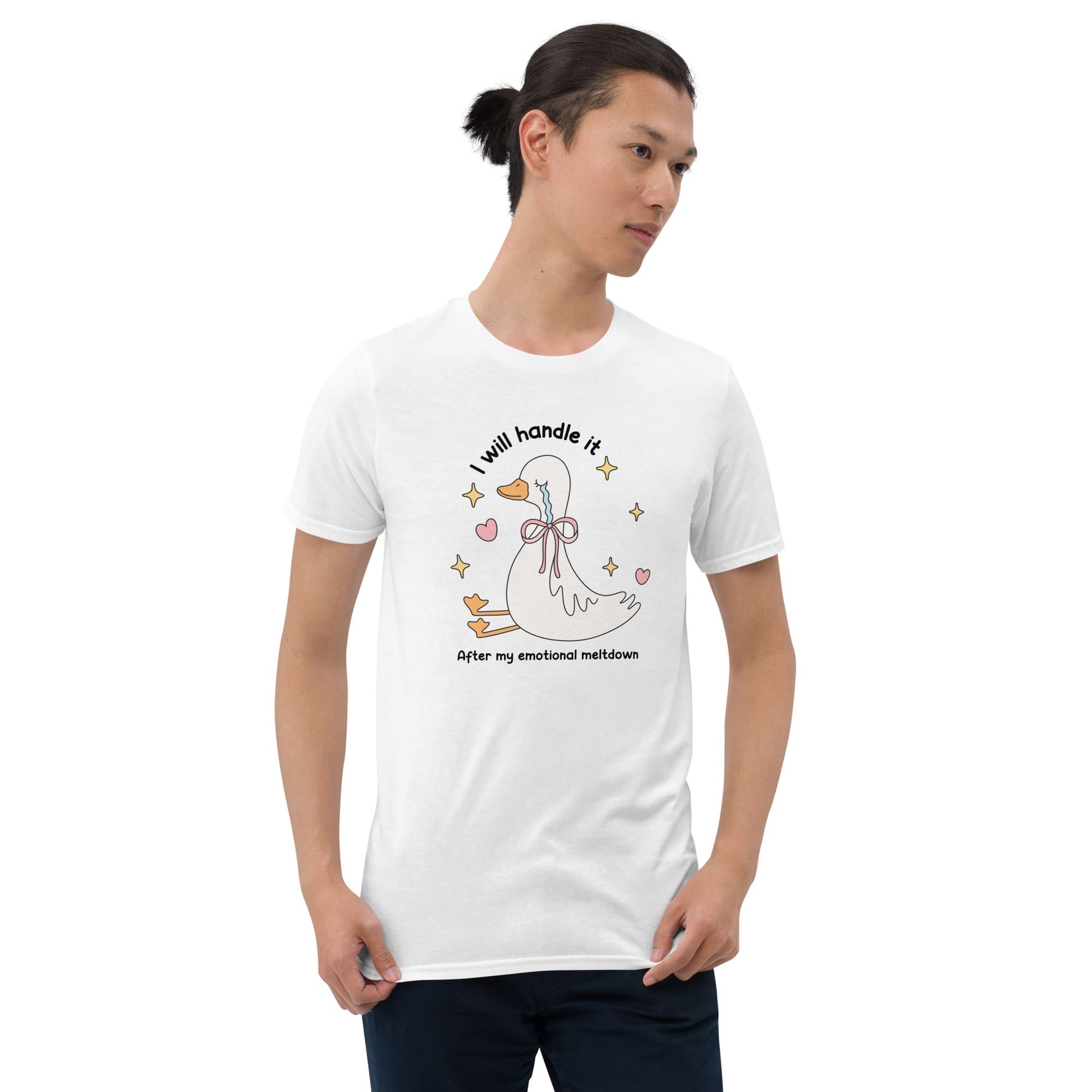 Man wearing a white t-shirt with a goose graphic and text on a white background: Cute Mental Health Shirt, Funny Anxiety Tee, Sad Goose With Emotional Meltdown T-Shirt, Depression Or Neurospicy Gift, Autistic Breakdown