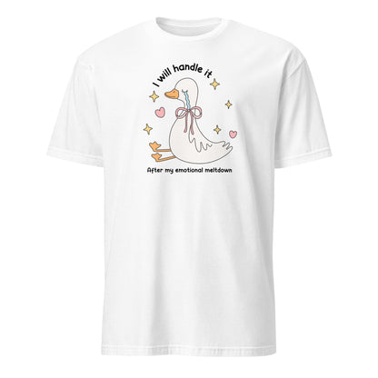 White t-shirt with a cartoon duck and text on a white background: Cute Mental Health Shirt, Funny Anxiety Tee, Sad Goose With Emotional Meltdown T-Shirt, Depression Or Neurospicy Gift, Autistic Breakdown