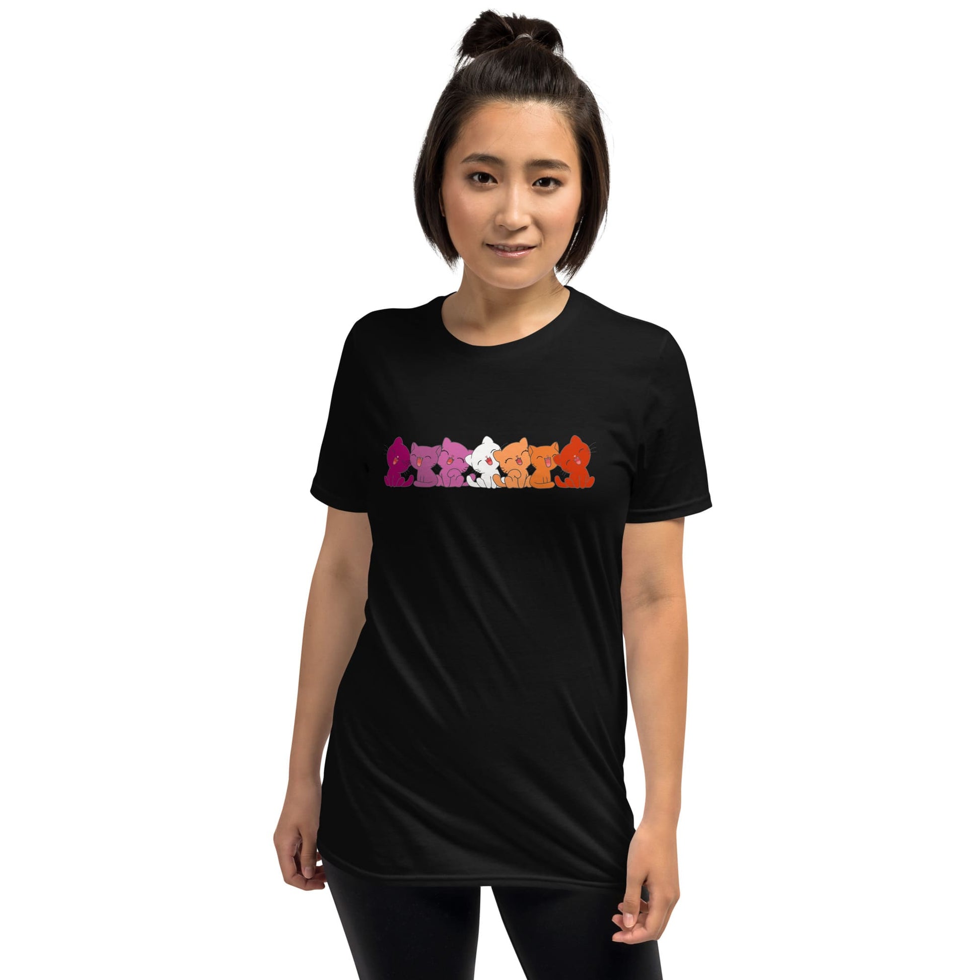 lesbian shirt, cute cats sunset flag colors tee, model 1