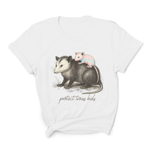White t-shirt with an illustration of a possum and baby opossum, and text 'protect trans kids' on a white background: Protect Trans Kids Shirt, Transgender Pride Tee, Cute Opossum Tee, Fight Trans Rights, FTM MTF Mom Ally Gift, LGBT Support Outfit, Mama Bear