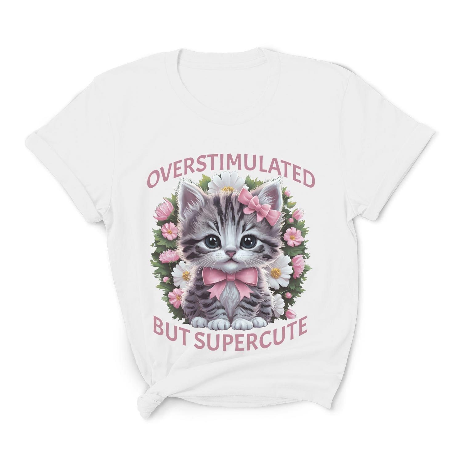 White t-shirt with a kitten graphic and text on a white background: Overstimulated Shirt, Neurodiversity Tee, ADHD Burnout Tshirt, Autism Awareness, Gift For Neurospicy Autistic, Cute Pink Bow Cat T-Shirt