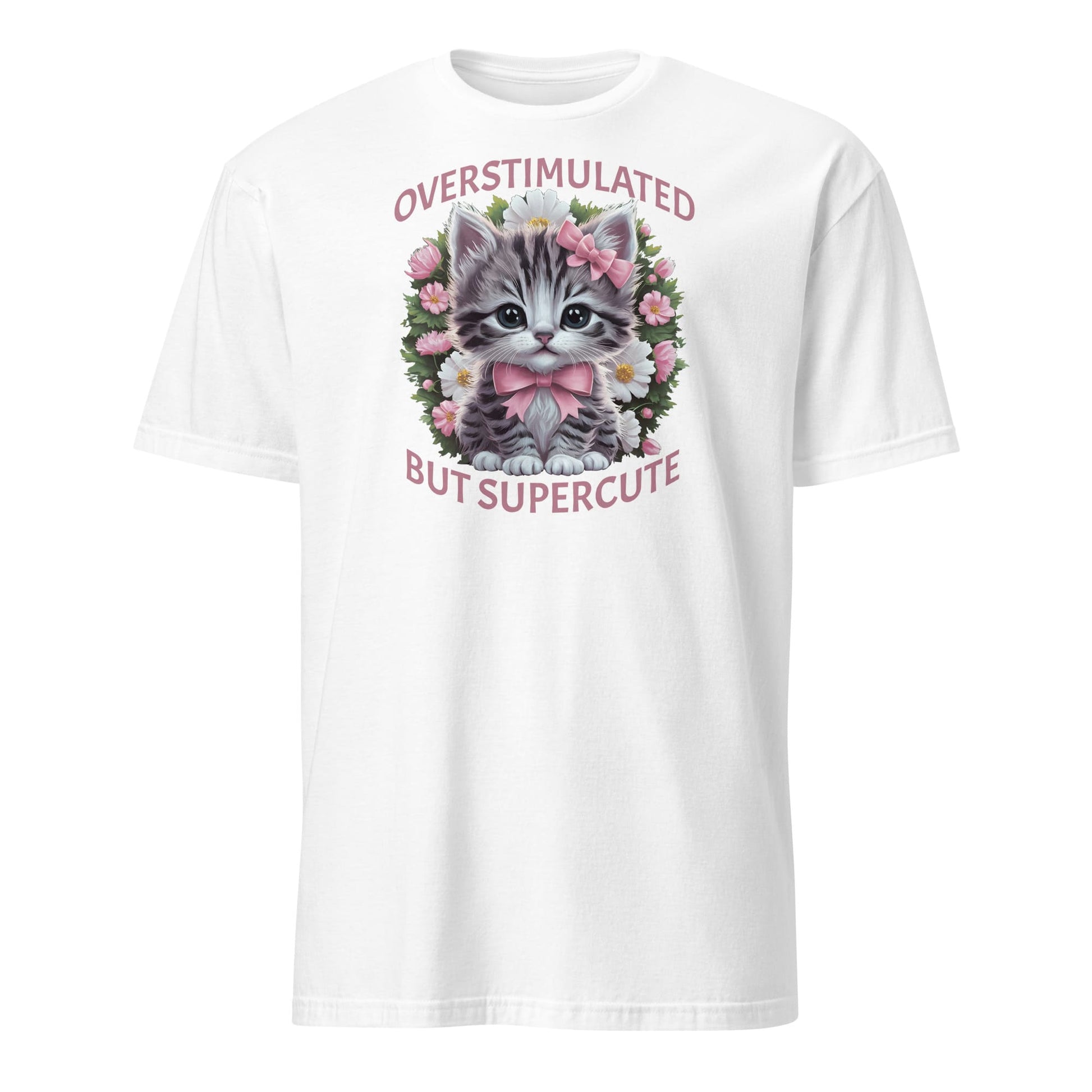 White t-shirt with a kitten graphic and text on a white background: Overstimulated Shirt, Neurodiversity Tee, ADHD Burnout Tshirt, Autism Awareness, Gift For Neurospicy Autistic, Cute Pink Bow Cat T-Shirt