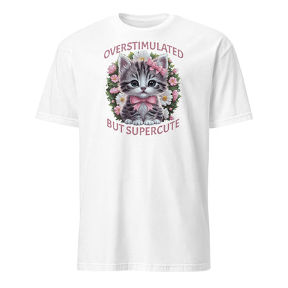 White t-shirt with a kitten graphic and text on a white background: Overstimulated Shirt, Neurodiversity Tee, ADHD Burnout Tshirt, Autism Awareness, Gift For Neurospicy Autistic, Cute Pink Bow Cat T-Shirt