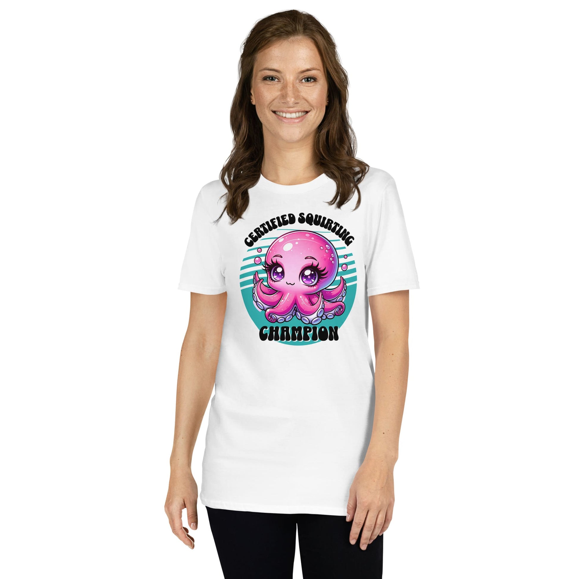 Woman wearing a white t-shirt with a pink octopus graphic and text on a white background: Inappropriate Womens Shirt, Cute Squirter Tee, Unhinged Octopus Shirt, Funny Gag Gift, Offensive Meme T-Shirt, Squirting Adult Humor Shirt