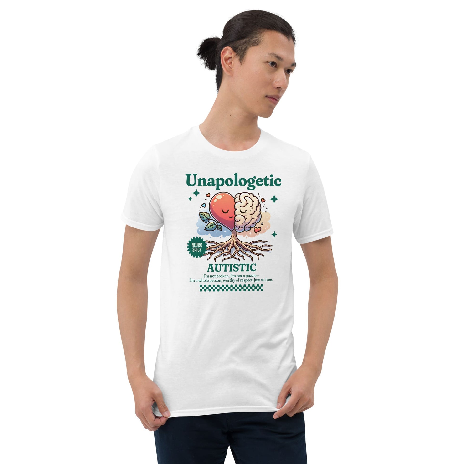 Person wearing a white t-shirt with a colorful graphic and text on a white background: Unapologetic Autistic Shirt, Cute Neurodivergent Tee, Overstimulated Gift For Neurospicy, Autism Acceptance TShirt, Neurodiversity Affirming