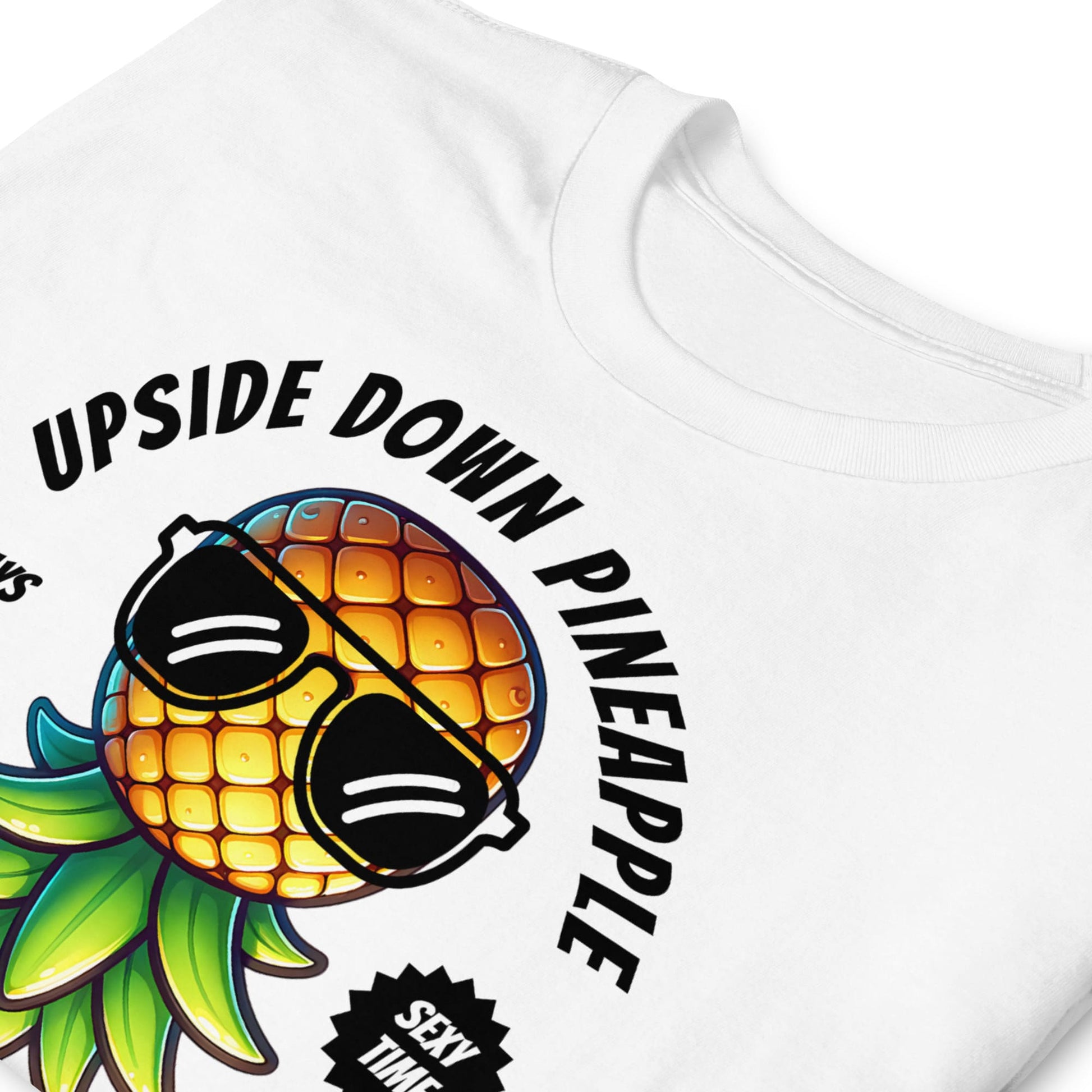 White t-shirt with a pineapple graphic wearing sunglasses and text on a white background: Funny Swingers Shirt, Cute Upside Down Pineapple Social Club Tee, Gift For Non Monogamy Swinging Lifestyle Couples, Cool Summer Adult Humor