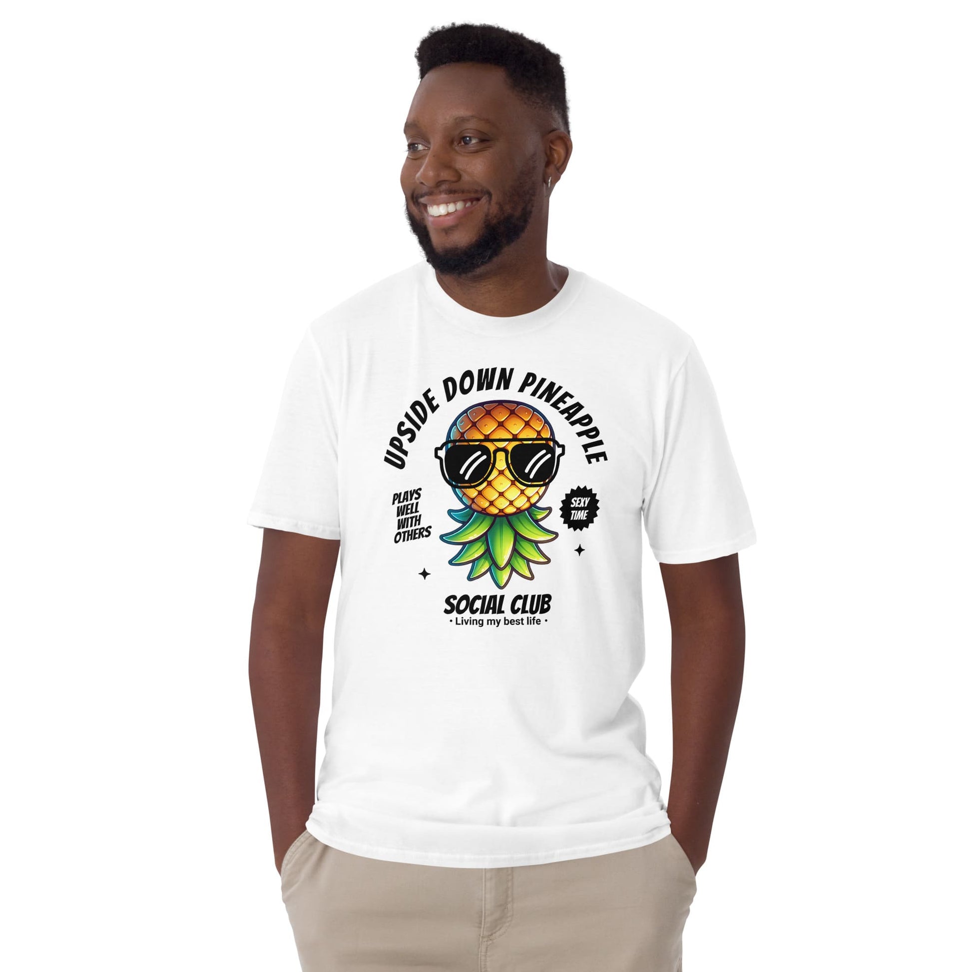 Man wearing a white t-shirt with a pineapple graphic and text on a white background: Funny Swingers Shirt, Cute Upside Down Pineapple Social Club Tee, Gift For Non Monogamy Swinging Lifestyle Couples, Cool Summer Adult Humor