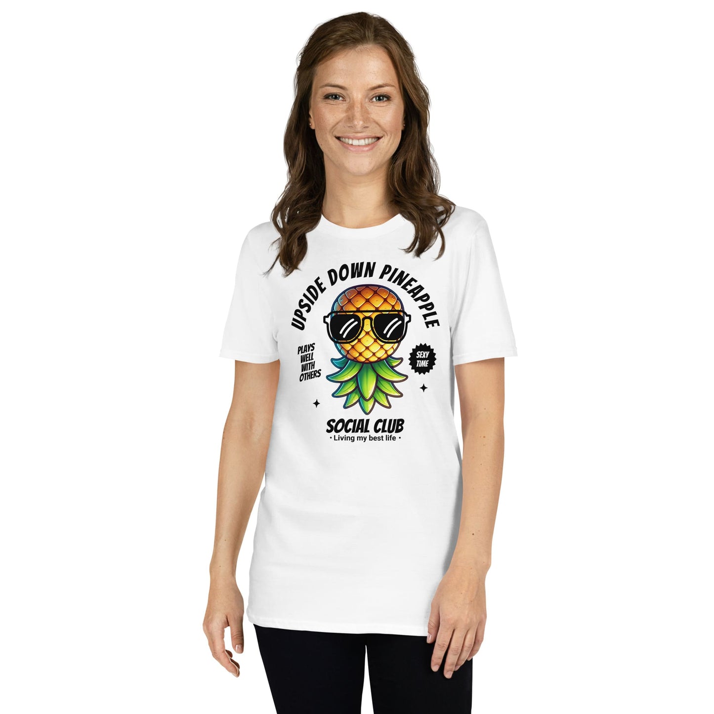 Woman wearing a white t-shirt with a pineapple graphic and text on a white background: Funny Swingers Shirt, Cute Upside Down Pineapple Social Club Tee, Gift For Non Monogamy Swinging Lifestyle Couples, Cool Summer Adult Humor