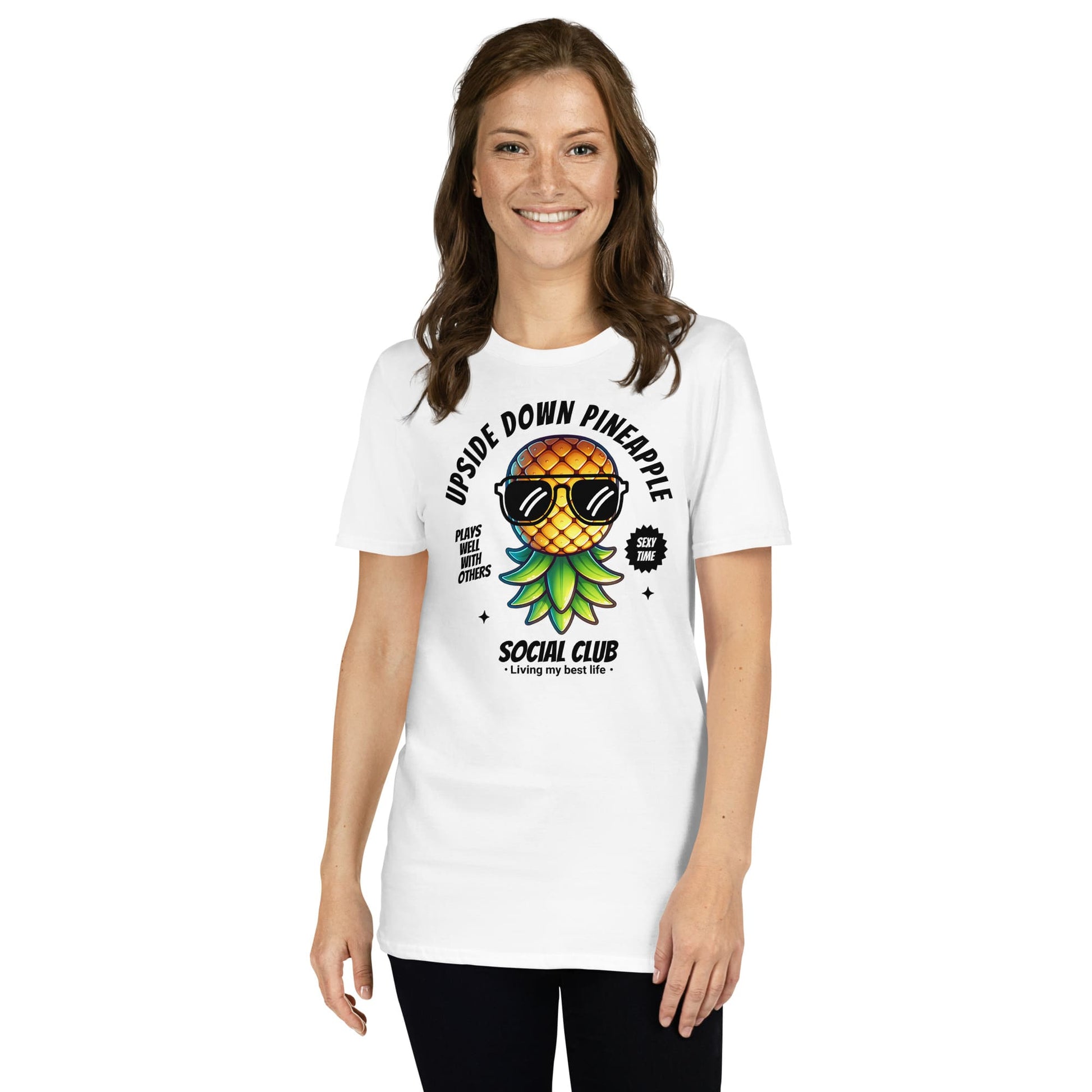 Woman wearing a white t-shirt with a pineapple graphic and text on a white background: Funny Swingers Shirt, Cute Upside Down Pineapple Social Club Tee, Gift For Non Monogamy Swinging Lifestyle Couples, Cool Summer Adult Humor