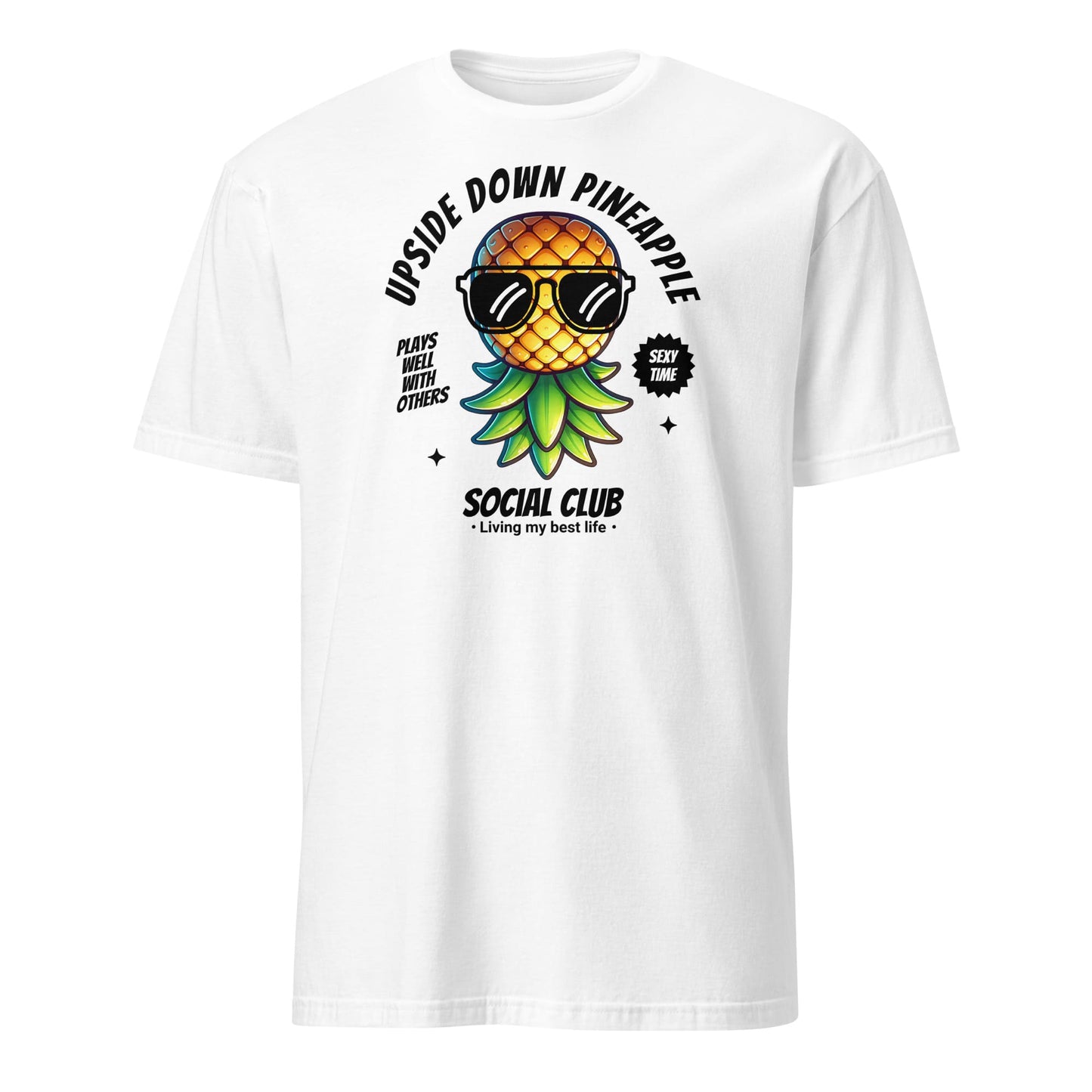 White t-shirt with a pineapple graphic and text on a white background: Funny Swingers Shirt, Cute Upside Down Pineapple Social Club Tee, Gift For Non Monogamy Swinging Lifestyle Couples, Cool Summer Adult Humor