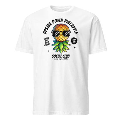 White t-shirt with a pineapple graphic and text on a white background: Funny Swingers Shirt, Cute Upside Down Pineapple Social Club Tee, Gift For Non Monogamy Swinging Lifestyle Couples, Cool Summer Adult Humor