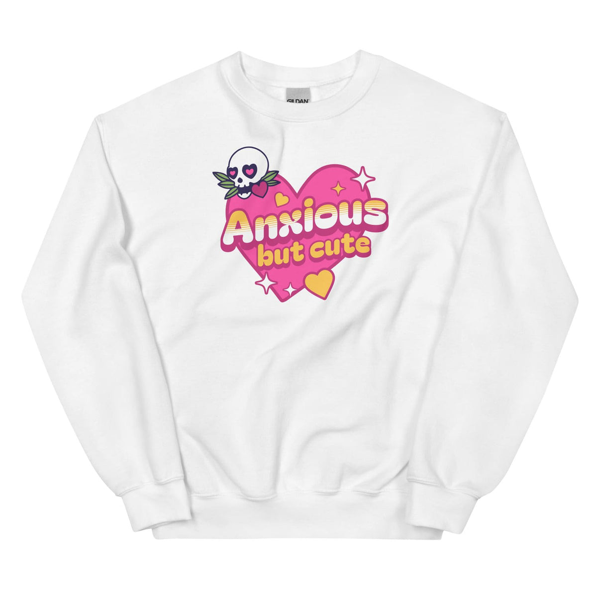 White sweatshirt with a pink heart graphic and text 'Anxious but cute' on a white background