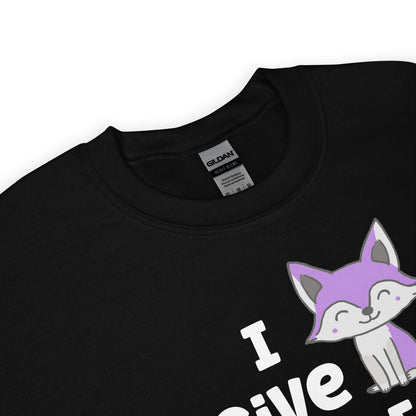 Black asexual sweatshirt with a fox graphic and text on a white background