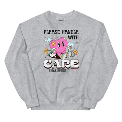 Gray autism sweatshirt with a heart design and text on a white background