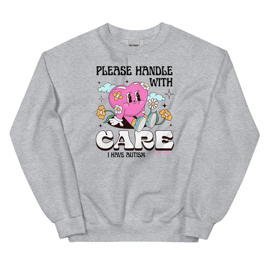 Gray autism sweatshirt with a heart design and text on a white background