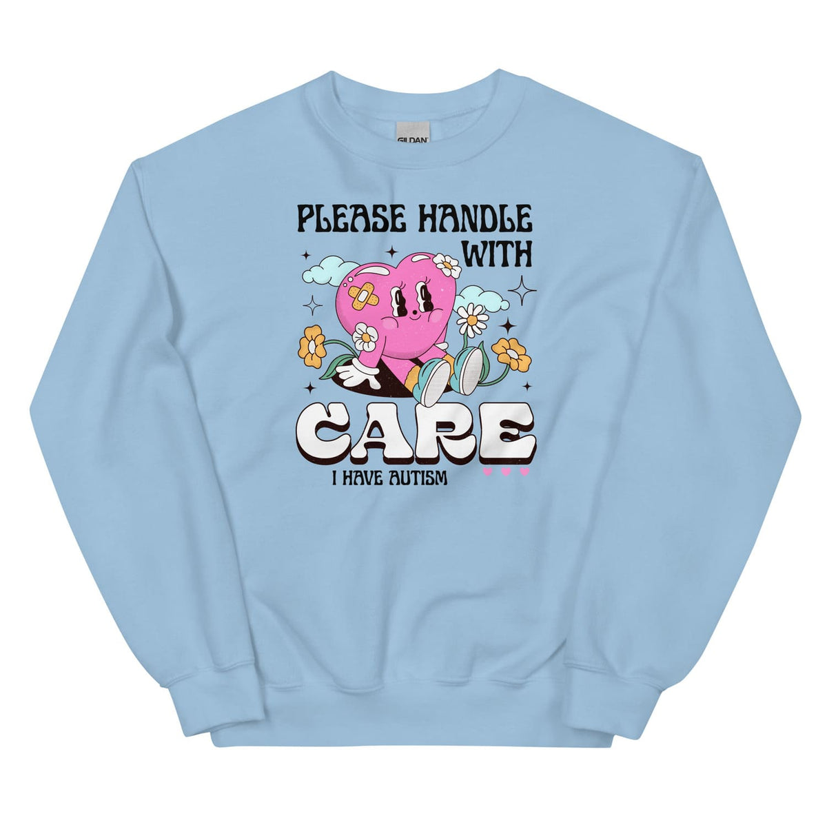 Light blue autism sweatshirt with a cartoon character and text on a white background