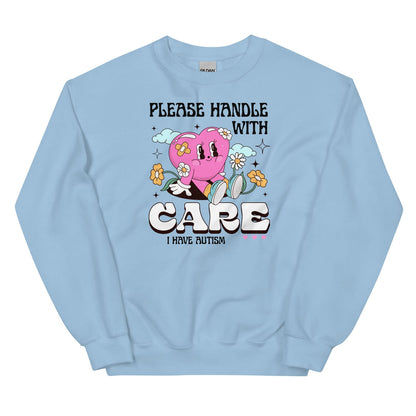 Light blue autism sweatshirt with a cartoon character and text on a white background
