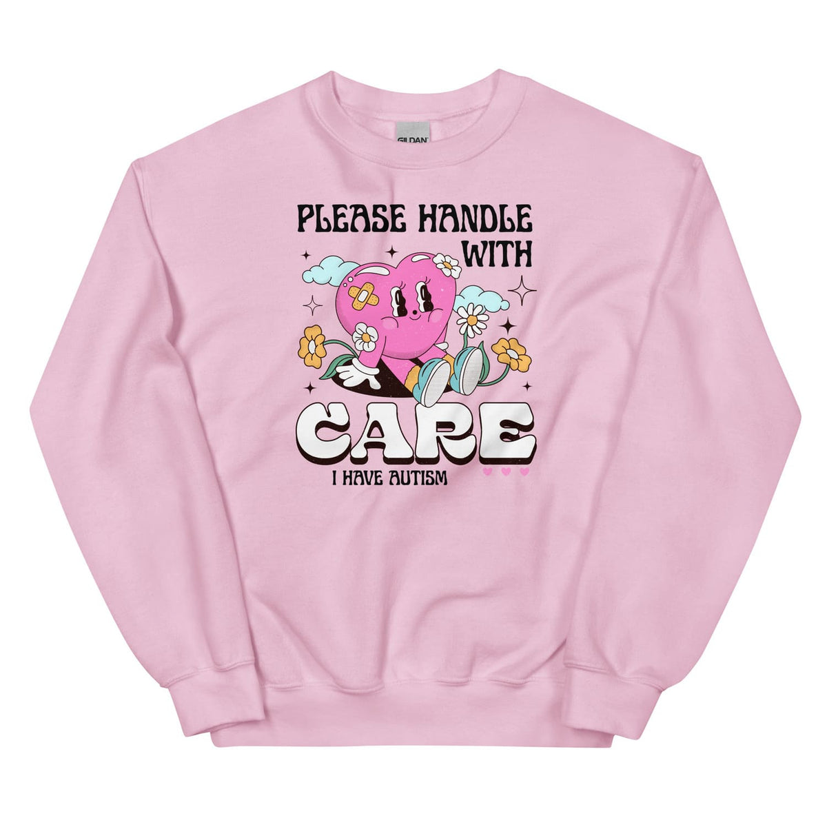 Pink autism sweatshirt with a heart design and text on a white background
