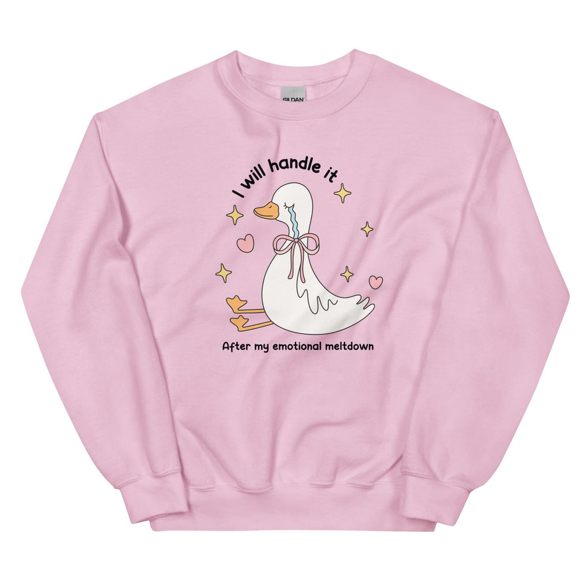 Pink mental health sweatshirt with a cartoon duck and text on a white background