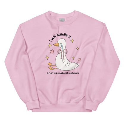 Pink mental health sweatshirt with a cartoon duck and text on a white background